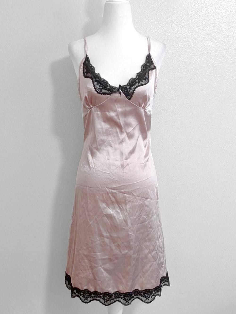 Vintage Blush Pink & Black Lace Trim Satin Slip Dress | Size L